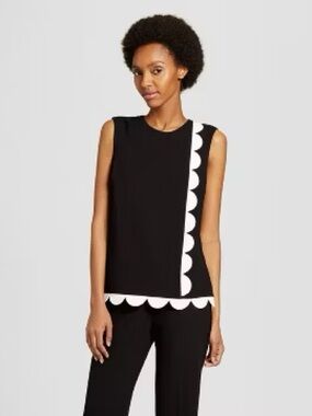 VICTORIA BECKHAM FOR TARGEY Black Sleeveless Top with White Scallop Trim SZ M